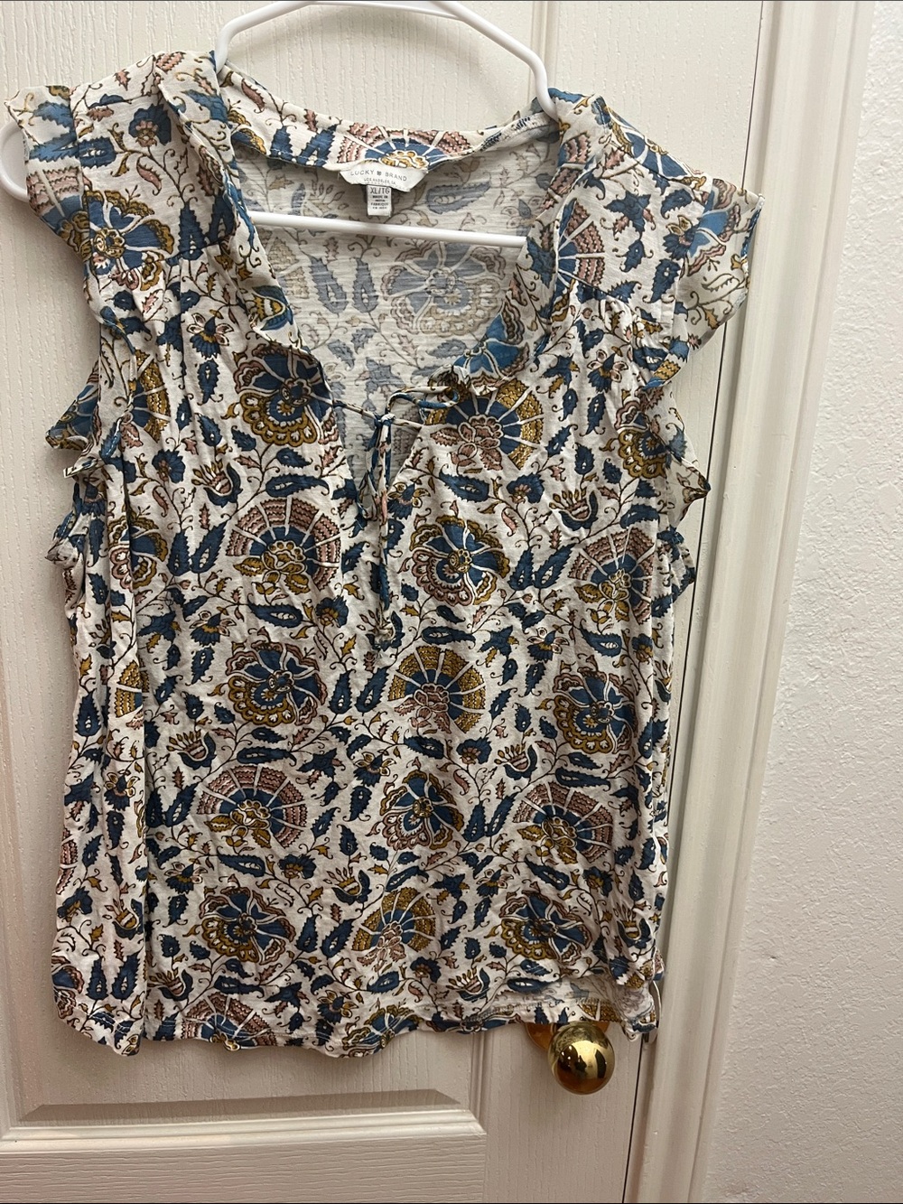 Lucky Brand Cream Floral Paisley Tie-Front Camisole with Blue & Brown Accents